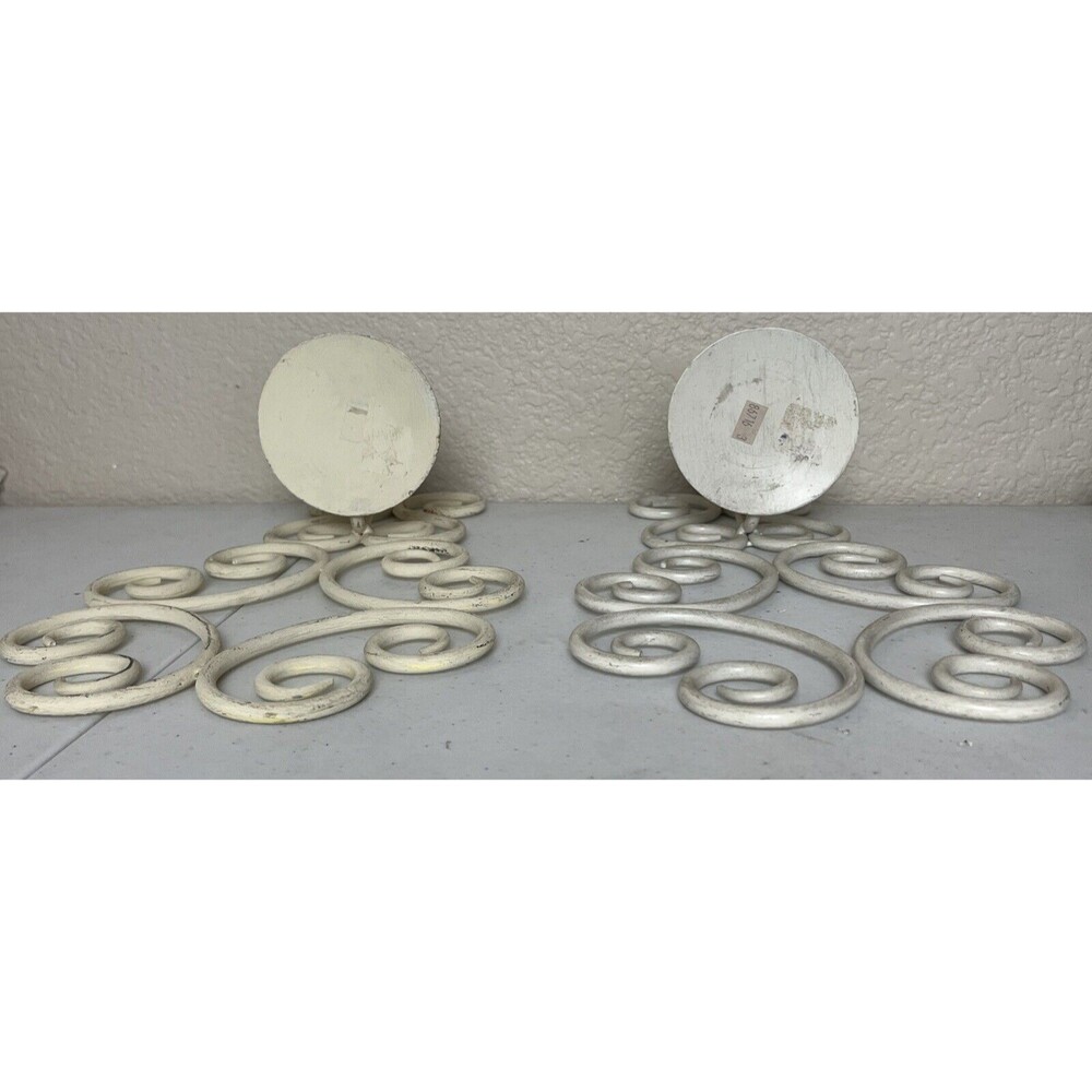 Wrought Iron Sconce Wall Hanging Pillar Candle Holder Set 2 White Scroll Nouveau - Picture 6 of 8